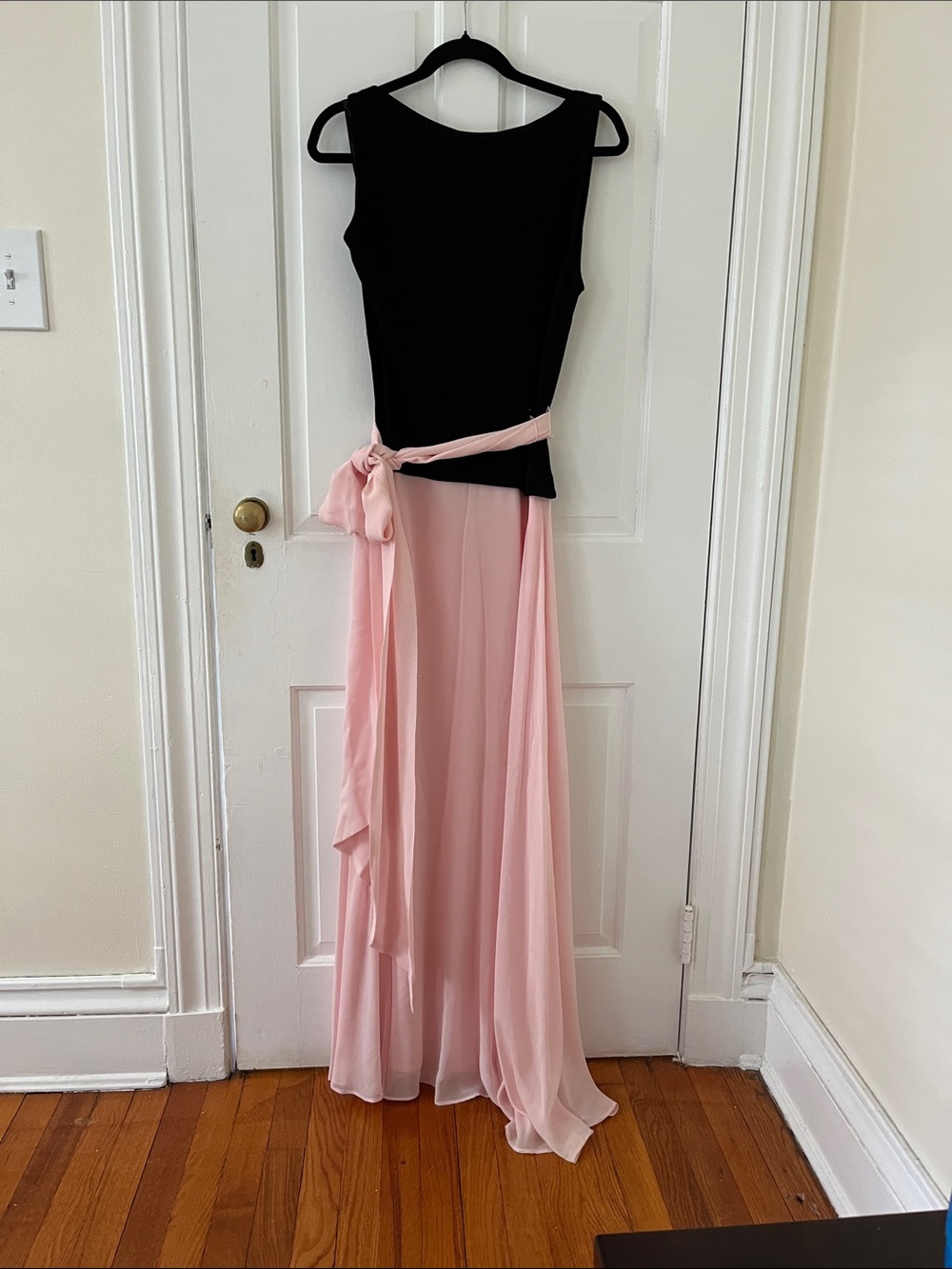 Tadashi Black and Pale Pink Silk Maxi  Dress with Tie Waist